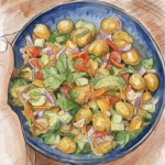 Warm biryani spiced chickpea bowl with air fried chickpeas, avocado, cucumber, and fresh herbs