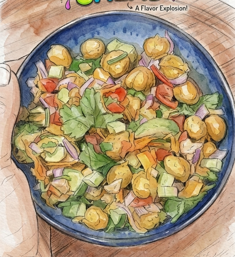Warm biryani spiced chickpea bowl with air fried chickpeas, avocado, cucumber, and fresh herbs