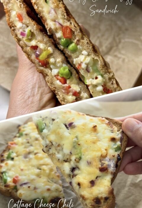 High protein cottage cheese veggie sandwich and open-faced chili cheese toast.