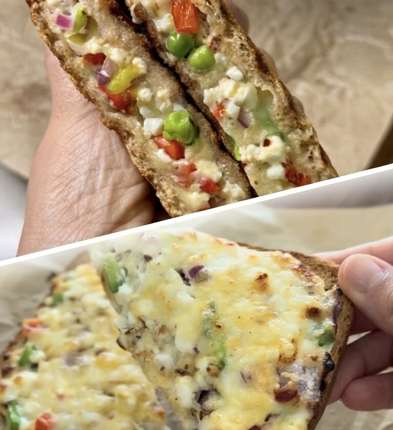 High protein cottage cheese veggie sandwich and open-faced chili cheese toast.