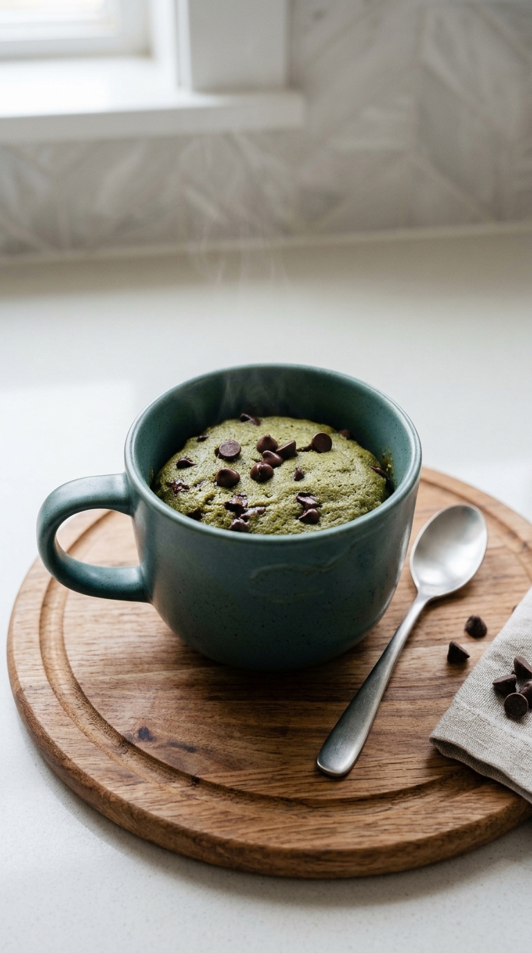 Matcha chocolate chip mug cake in a dark green mug, topped with chocolate chips