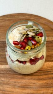 Rajgira pudding with banana pomegranate makhana nuts and seeds