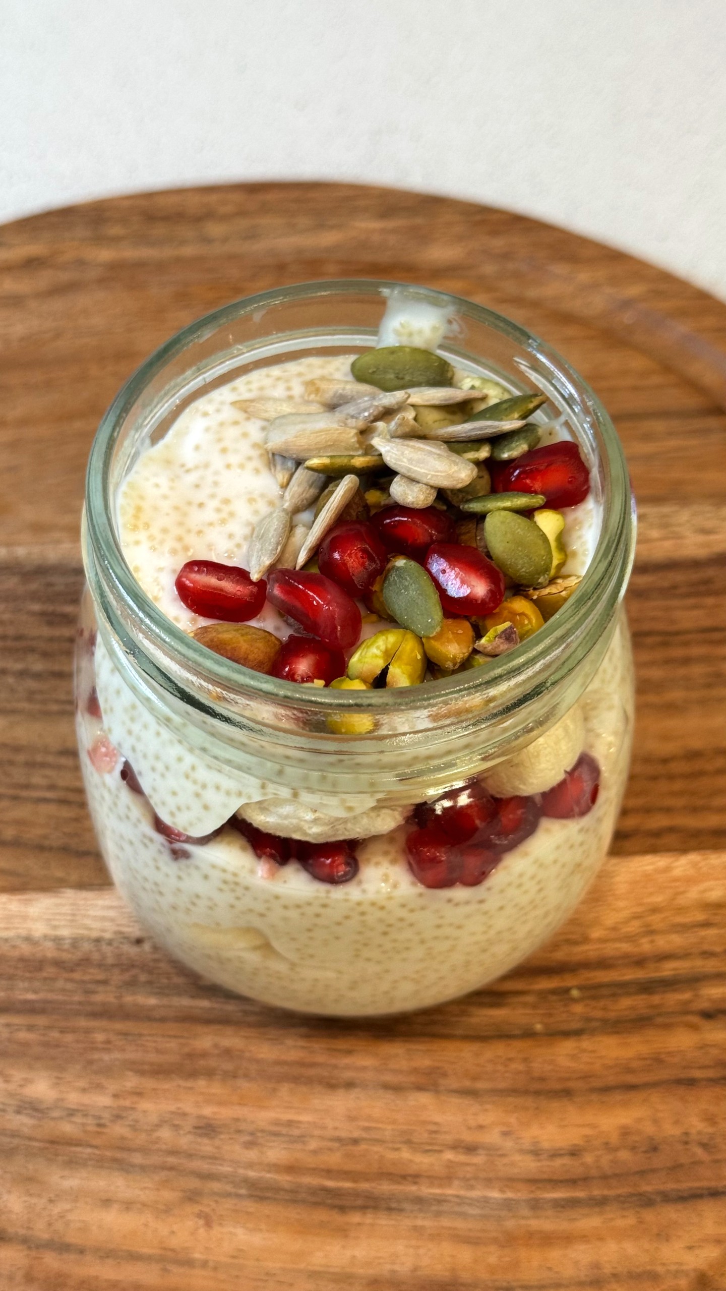 Rajgira pudding with banana pomegranate makhana nuts and seeds